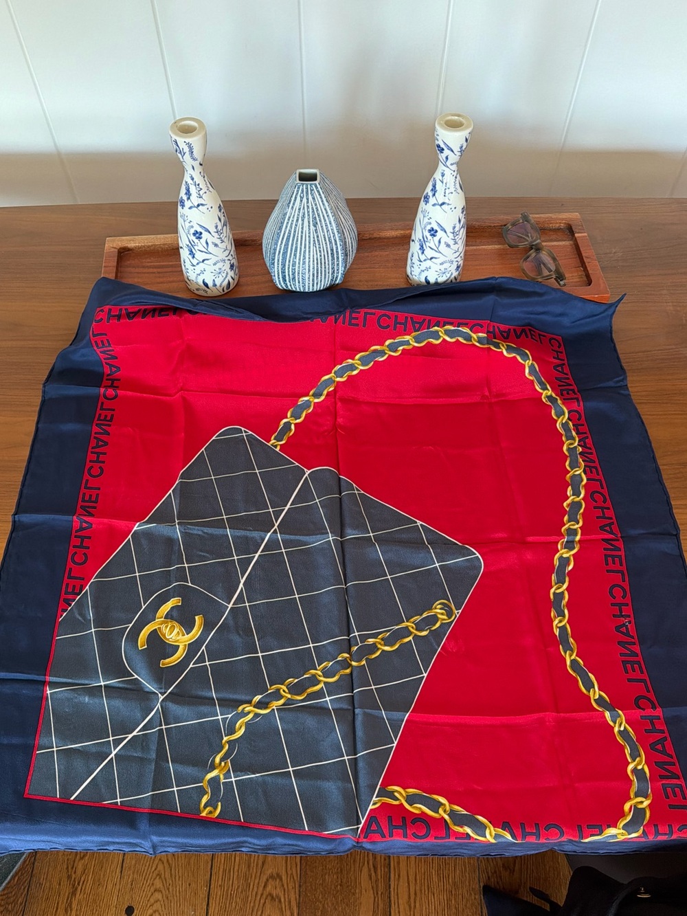 CHANEL Navy, Red and Gold Chain-Print Scarf